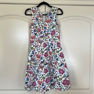 Boden folklore print sleeveless dress removable belt birds flowers back zip US 8